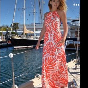 IN SEARCH OF CK Bradley Cortina Palm Dress in orange- XXS or XS